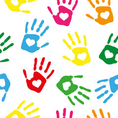 Seamless pattern with rainbow colored hand prints with white hearts on white background. Vector illustration.