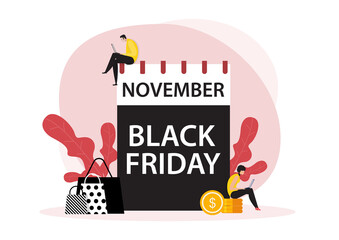 November Black friday date with  people Online shopping flat concept.
