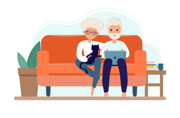 Old couple Stay at home. Senior Man and woman sitting on sofa with laptop. Pensioners with cat. Elderly people during coronavirus outbreak concept. Vector Illustration in flat style