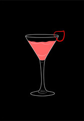 Vector image of cocktail in martini glass with romantic heart on black background