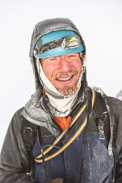 Mountaineer covered in frost