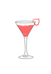 Vector image of cocktail in martini glass with romantic heart on white background