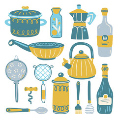 Set with kitchen utensil and appliance. Scandinavian illustration of kitchen elements in flat style. Funny cartoon texture with hand drawn food preparation and kitchenware. Vector doodle clipart.
