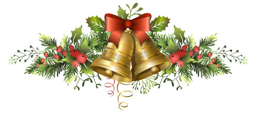 Christmas fir garland with golden bells, bow and red berries.