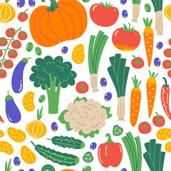 Seamless pattern with Illustration of vegetables. Flat hand drawn background with healthy food. Organic farm products in sketch style. Isolated scandinavian items.
