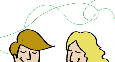 Young boy and girl leaning out with their eyes closed and green lines in the background. Senses, sensorial, feelings. Cute color hand drawn style illustration.
