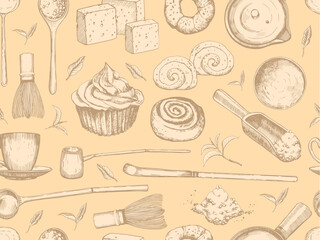 Matcha seamless pattern. Japaneese ethnic and national tea ceremony. Traditions of teatime. Decorative elements for your design. Vector Illustration food and drink sketch.