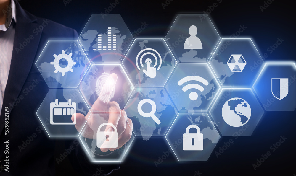Poster business data management. businessman choosing fingerprint icon on digital screen for access