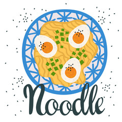 Egg ramen in bowl on table. Top view. Illustration with japanese soup in cartoon flat style. Asian food: miso soup, noodles, onion. Vector round composition. Isolated items.