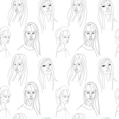 Women portraits on white background continuous one line vector seamless pattern