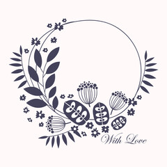 Wreath. Vector floral illustration with branches, berries and leaves. Black frame on white background.