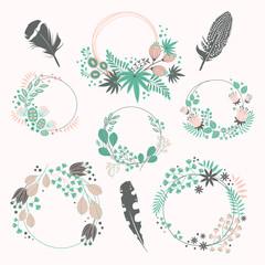 Wreath set. Vector floral illustration with branches, berries, feathers and leaves. Nature frame on white background.