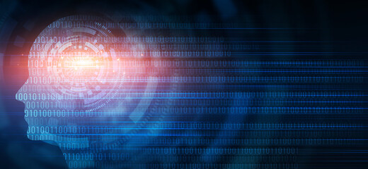 Hologram Of Human Head Silhouette With Brain, Blue Digital Background