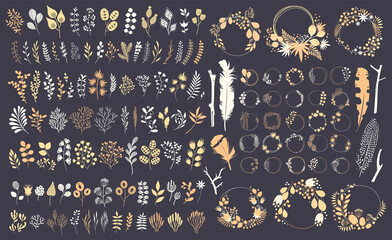 Big set with wreath, design elements, frames. Vector floral illustration with branches, berries, feathers and leaves. Nature frame on black background.