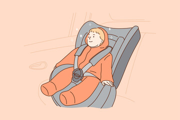 Transportation, safety, childhood concept. Young hapy smiling child kid boy infant toddler cartoon character sitting in special baby car seat in automobile. Children security in transport vehicle.