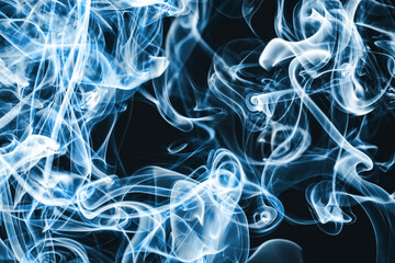 Blue smoke flow isolated on black. Gas flow shape effect. Artistic color scent mist background....