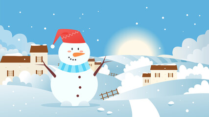 Winter landscape with snowman vector illustration. Cartoon flat frost village snowscape, funny snowman in red hat standing next to snow road and farm houses, winter holiday snowy xmas scene background