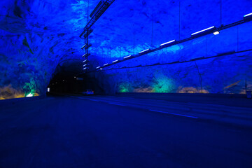 Futuristic tunnel with blue neon lights, LÔøΩ_rdalstunnelen, Norway