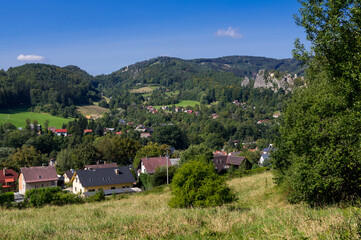 Fototapeta na wymiar Panoramic view of landscape and sandstone rock formations in Cesky Raj (Czech Paradise), Europe