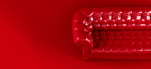 Red quilted leather sofa on red background view from above. Creative concept of minimalistic interior, stylish vintage chester sofa. Single piece of furniture. Bright luxury red couch