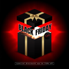 Black friday banner with opened the gift box light flashes out