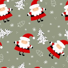 holiday seamless pattern with Cartoon Santa Claus, christmas tree, decorative elements on a neutral background. Merry Christmas. Colorful vector, flat style. hand drawing. design for fabric, print, wr