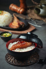 close up picture of Roast pork and cooked rice