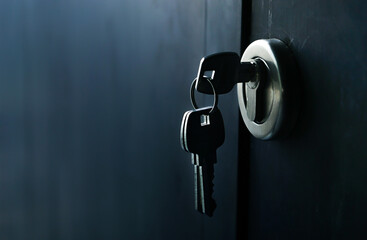 Fototapeta Selective focus/Keys stuck in a lock with door. obraz