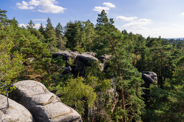 Panoramic view of landscape and sandstone rock formations in Cesky Raj (Czech Paradise), Europe