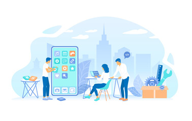 The team of programmers is developing new mobile applications on big phone. Mobile App Development, Ui, Ux. Working process, teamwork communication. Vector illustration flat style.