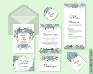 Beautiful set for wedding invitations. Succulents, leaves, geometric shapes.