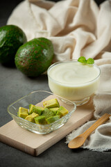 Avocado Avocado Yogurt Products made from avocado Food nutrition concept.