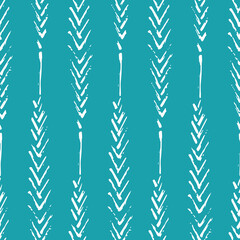 Fototapeta na wymiar Mono print style narrow leaves seamless vector pattern background. Simple lino cut effect painterly outline leaf foliage on aqua blue backdrop. At home hand crafted concept. Vertical geometric repeat