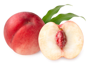 Peach fruit with leaf isolated on white background, Fresh White Peach on White Background (With clipping path)