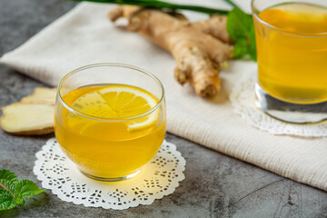 Honey Lemon Ginger Juice Food and beverage products from ginger extract Food nutrition concept.