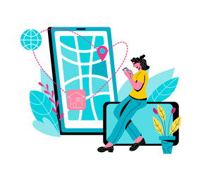 Parcels tracking concept with woman monitoring her order location.  Worldwide logistic  and delivery tracking for website or app, flat cartoon vector illustration isolated.