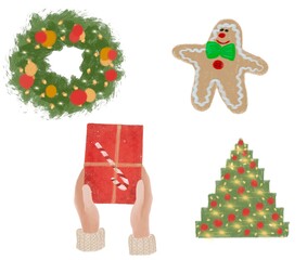 New Year and Christmas set, in which Santa Claus, snowman, Christmas decorations, gift, sock for gifts