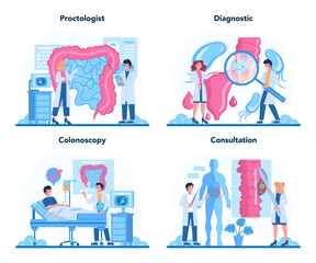Proctologist concept set. Doctor examine intestine. Idea of health