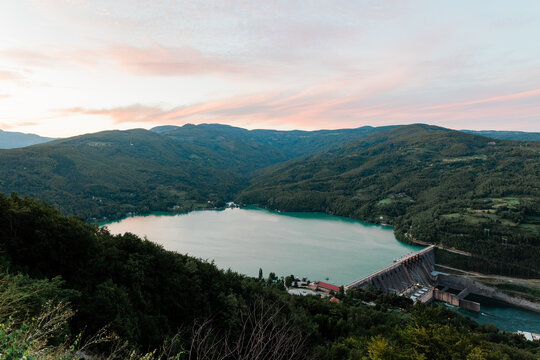 View of the Perucac lake, Serbia in sunset © marjan4782