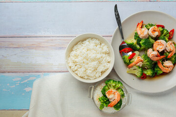 Fried Broccoli with Garlic and Shrimp, Thai Food.