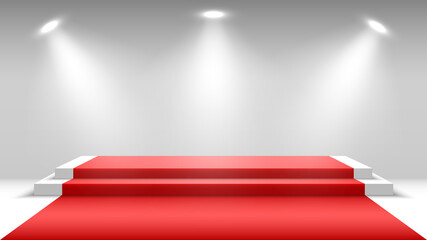 Obraz premium White podium with red carpet and spotlights. Blank pedestal. Stage for awards ceremony. Vector illustration.