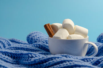 Christmas and New Year cozy holiday composition cup of marshmallow on knitted plaid.