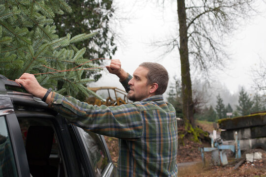 Man ties Christmas tree to top of his minivan