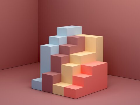3d rendering. Stairs in a minimalist interior with modern geometric style. Autumn colors background for banners or product presentations. Architectural block,  abstract background, fashion podium.