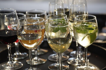 Gläser mit Aperitif, Hugo, Wine, Minze, Früchten.