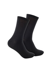 Black color socks isolated on white background. Three short socks. Set of black socks for sports on foot as mock up for advertising, branding, design mockup, isolated, clipping path.