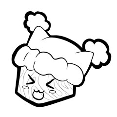Cute cartoon sushi smile with Christmas hat, icon, emoji element on white background. Doodle black line decoration for logo, coloring, card and any design. Vector illustration about holiday.
