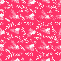 Christmas seamless pattern with fir branches, leaves and berries on a red background. New year vector background.