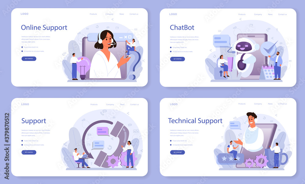 Poster technical support web banner or landing page set. idea of customer