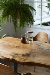 Stylish and cozy compositon of craft oak wooden table with chairs, watering can, glassy jug and modern floor in beautiful interior of design home. Template.
